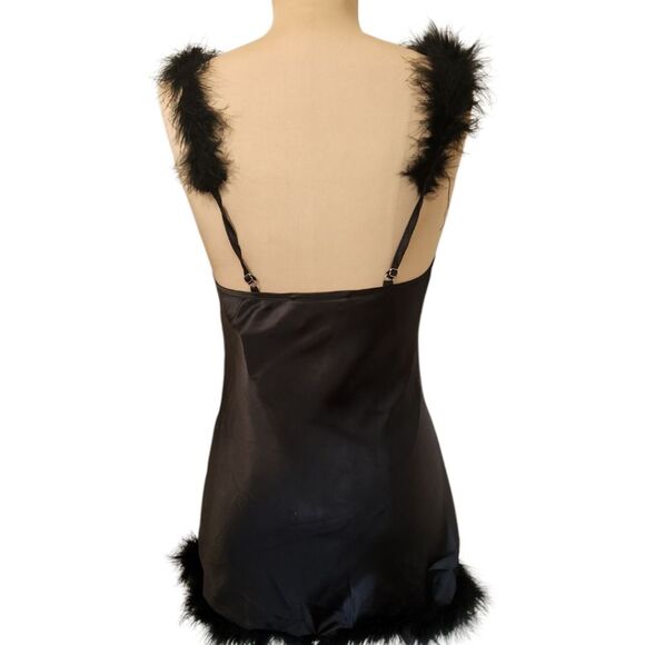 DOLLS KILL🔖NWT! TRICKZ N' TREATZ Black Satin Marabou Trimmed Slip Dress - Picture 8 of 11